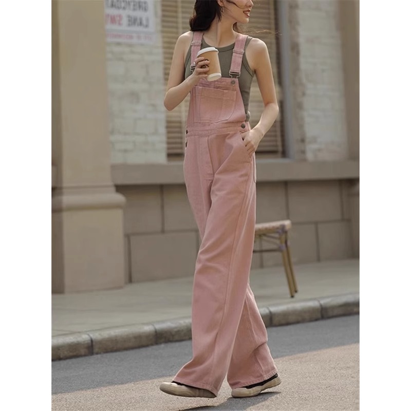 粉色牛仔背带裤女春夏新款复古宽松显瘦减龄休闲直筒连体拖地长裤