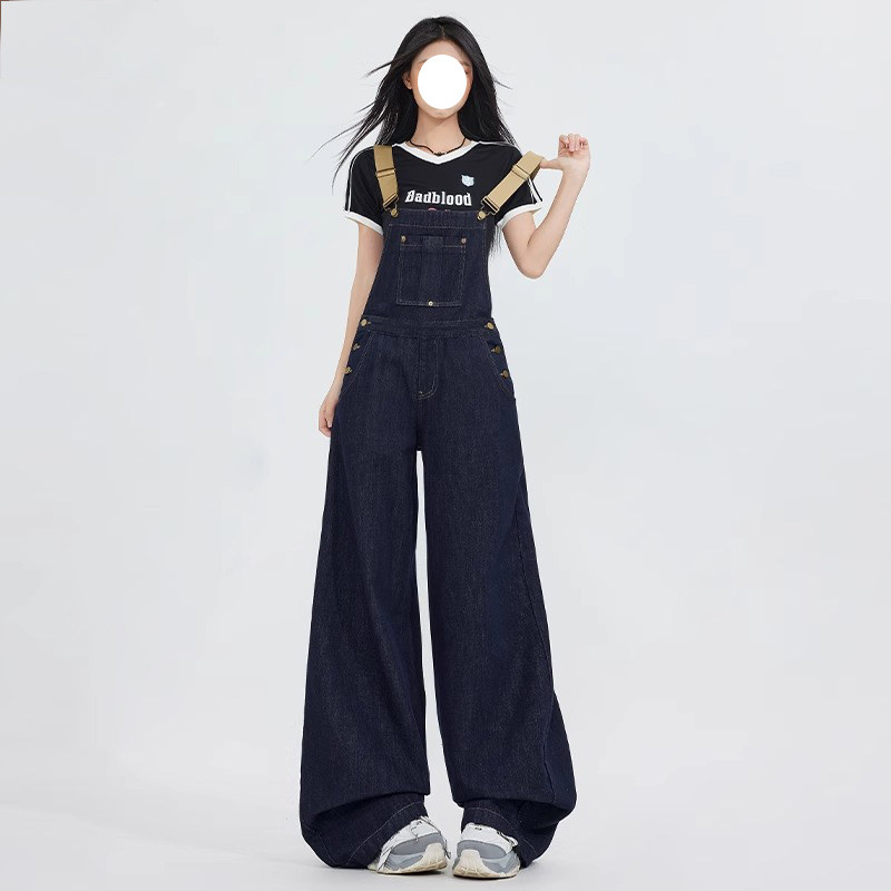 高品质!深蓝色牛仔背带裤女