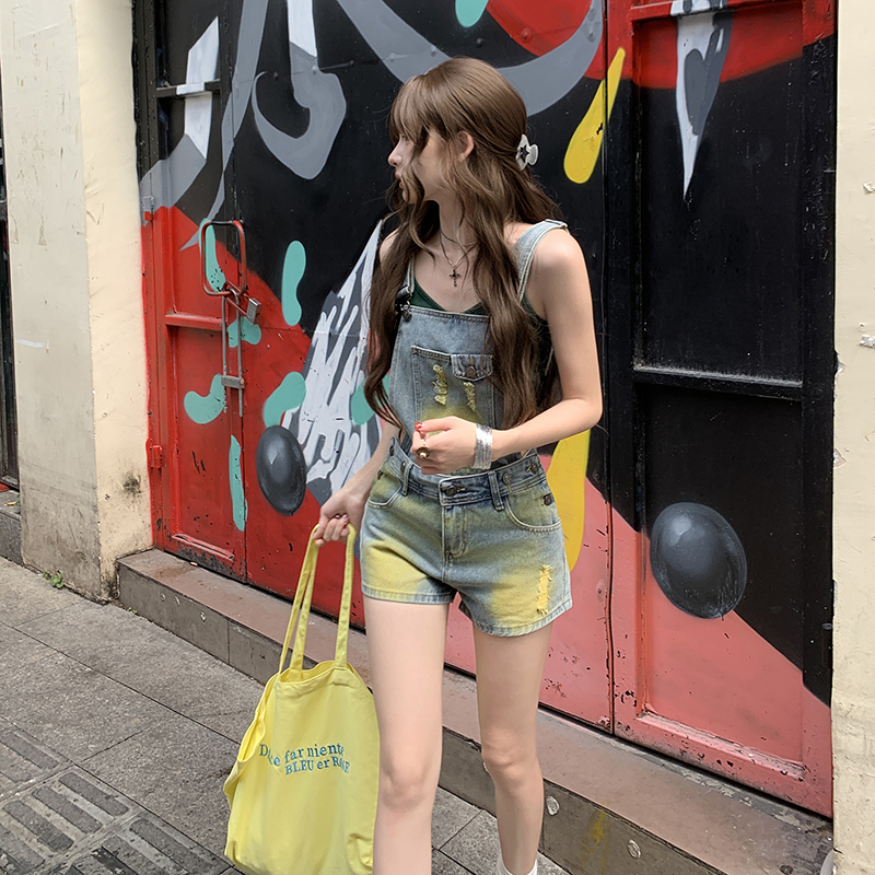 太酷辣妹水洗做旧背带可拆卸牛仔短裤女夏季新款宽松显瘦连体热裤