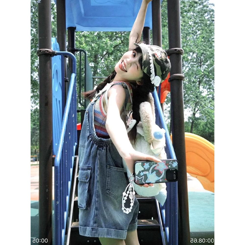 甜酷辣妹牛仔背带短裤女夏季新款韩系小个子宽松显瘦工装连体短裤