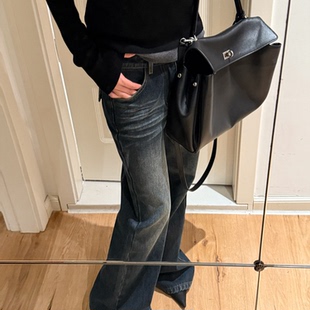 微喇深蓝低腰加绒牛仔裤女秋冬季新款美式复古新款松弛感休闲裤子