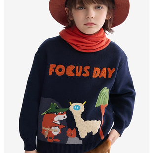 马其顿童装冬季男童卡通刺绣圆领毛衣洋气百搭儿童纯棉针织衫上衣