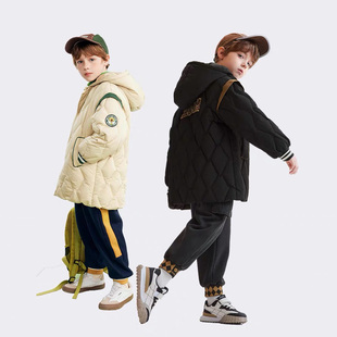 马其顿男童冬季连帽羽绒服 中长款 菱形格 刺绣中大童保暖厚外套