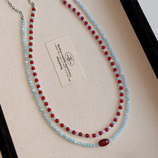 新中式天然红玛瑙海蓝宝串珠项链女小众轻奢国风气质叠戴锁骨颈链