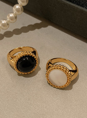 复古黑色玛瑙白贝母戒指女小众设计高级感个性独特金色中古食指环