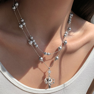 施家华子珍珠叠戴土星球满天星项链女2026新款双层长款锁骨毛衣链