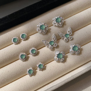 999纯银天然翡翠原石冰种耳钉女高级感绿色玉髓玉石耳环精致耳饰