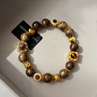 真品天然奇楠沉香手串女款 文玩串珠沙金手链天然木质佛珠念珠男士