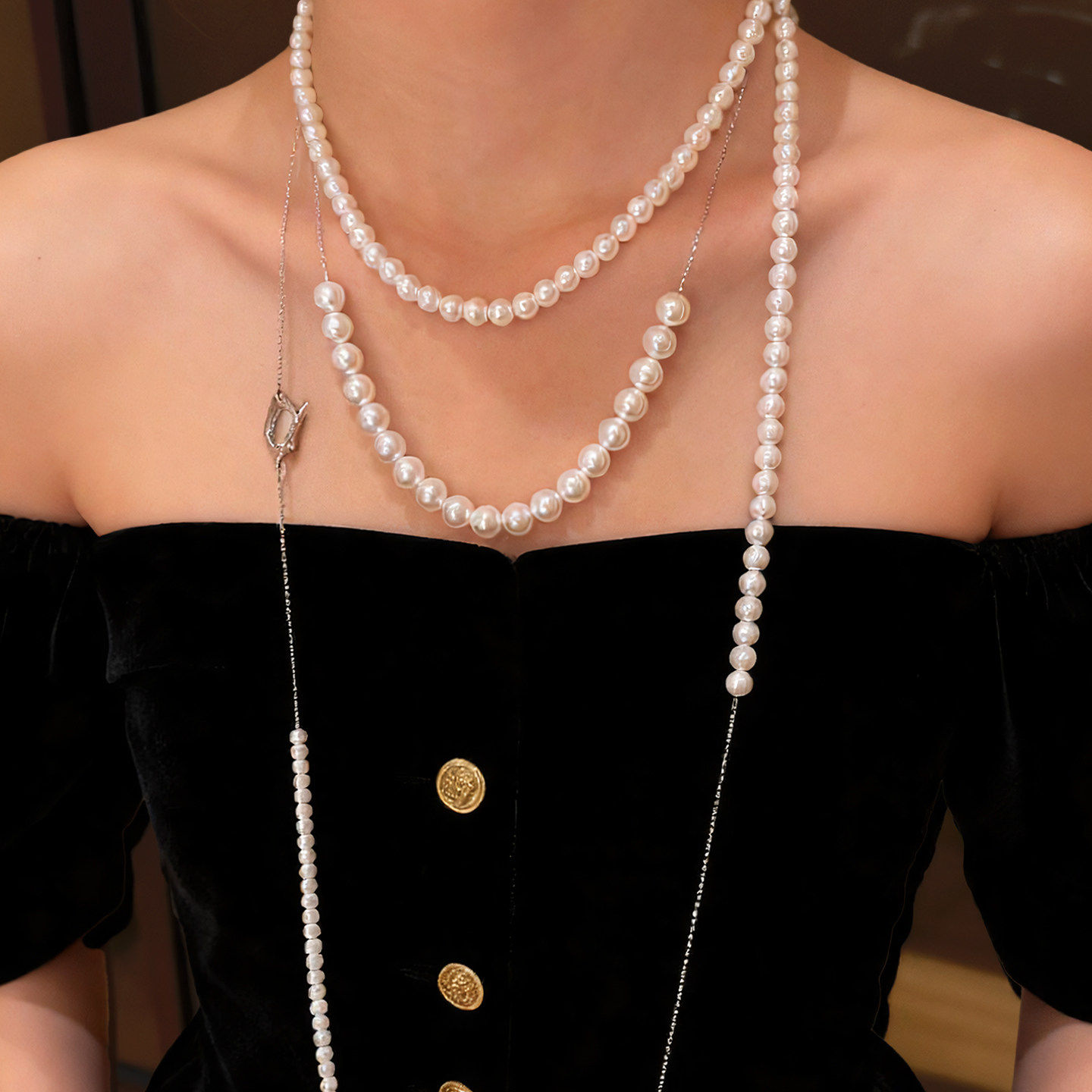 赵露思同款OT扣2026新款双层珍珠项链女款气质长款叠戴锁骨毛衣链