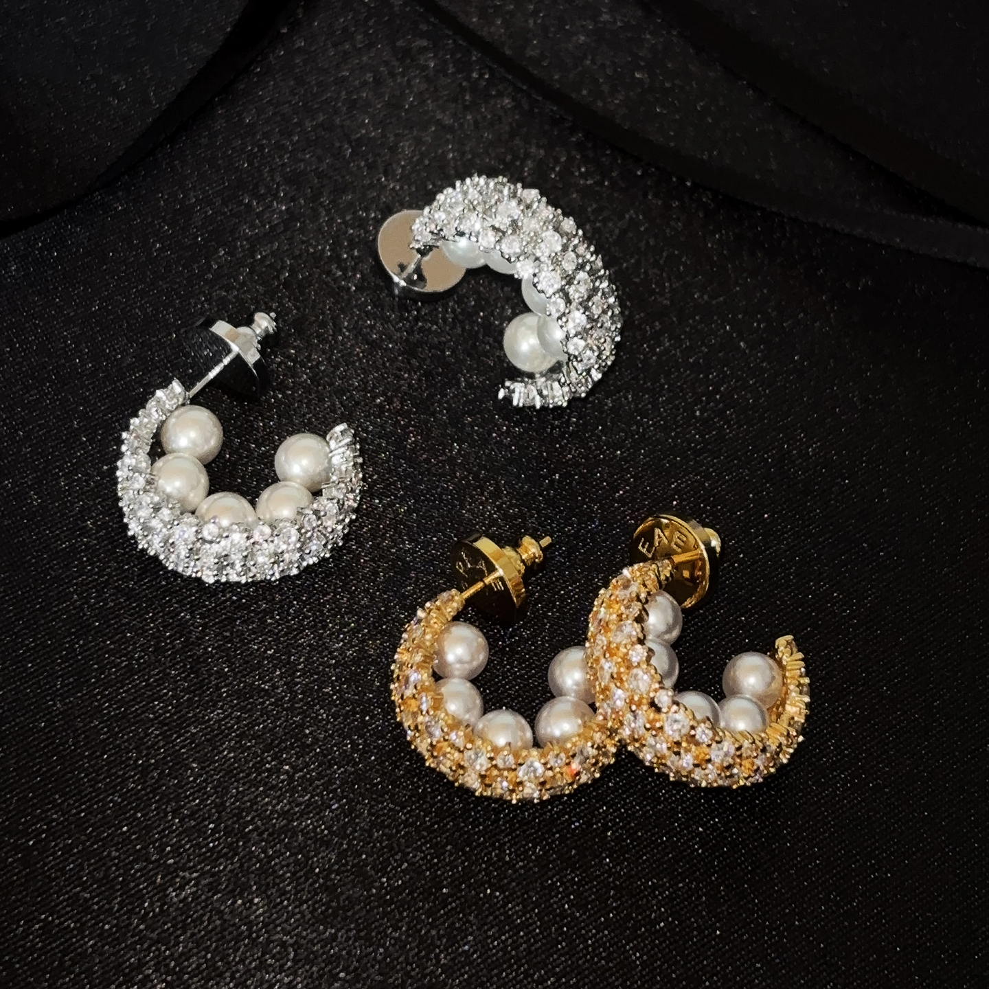 爆闪满钻圈圈珍珠耳钉女