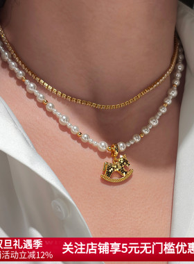 碎冰冰木马吊坠珍珠项链女