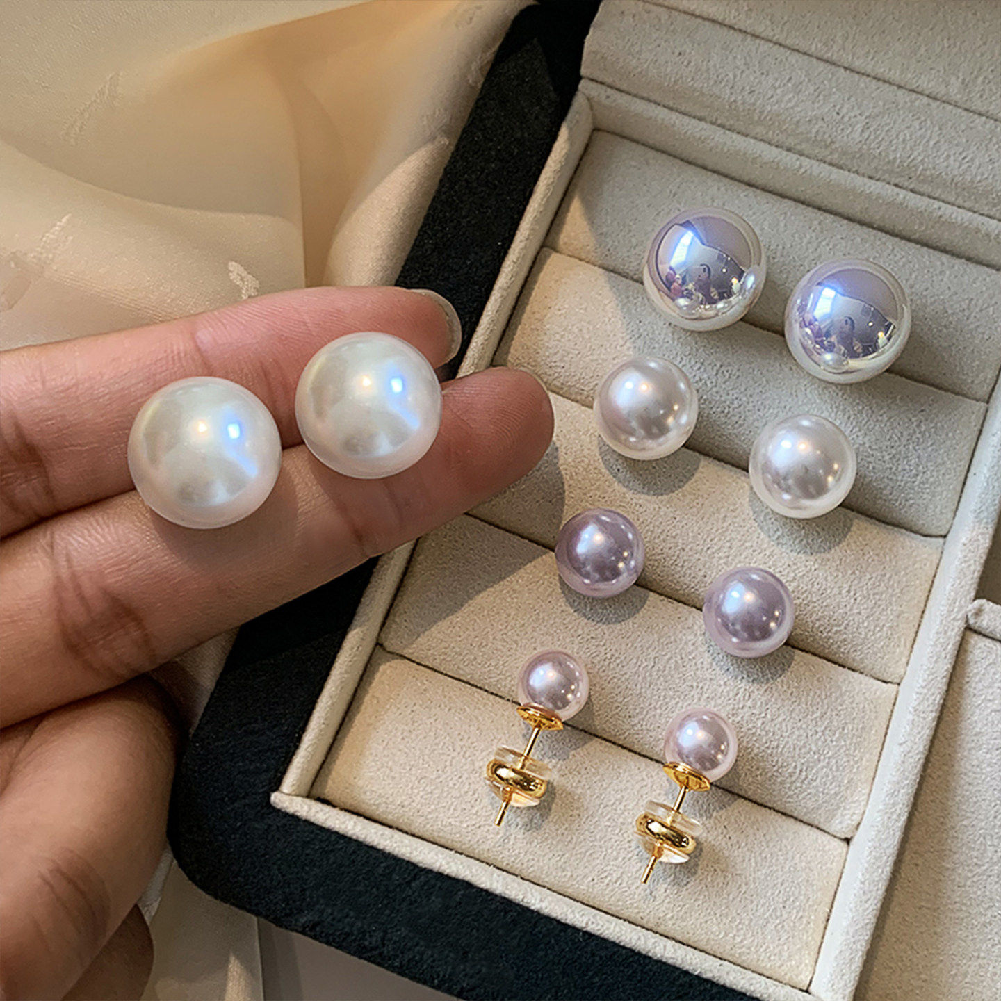 999纯银澳白色珍珠耳钉女图片