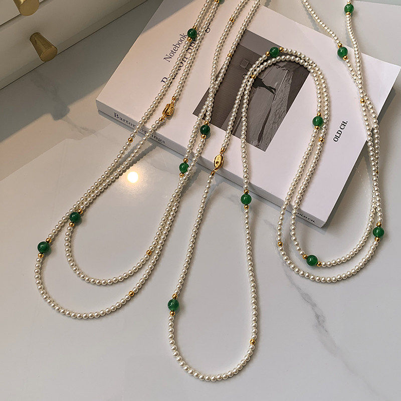 绿色玉髓长款珍珠项链女新中式国风大气高档高级感轻奢毛衣链配饰