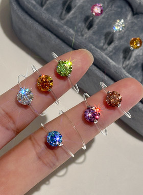 华子莫桑钻石隐形鱼线戒指女小众设计感人鱼之泪食指仿真钻戒指环