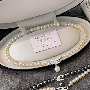 施家澳白黑色珍珠蝴蝶结吊坠项链配饰女轻奢小众高级感锁骨毛衣链