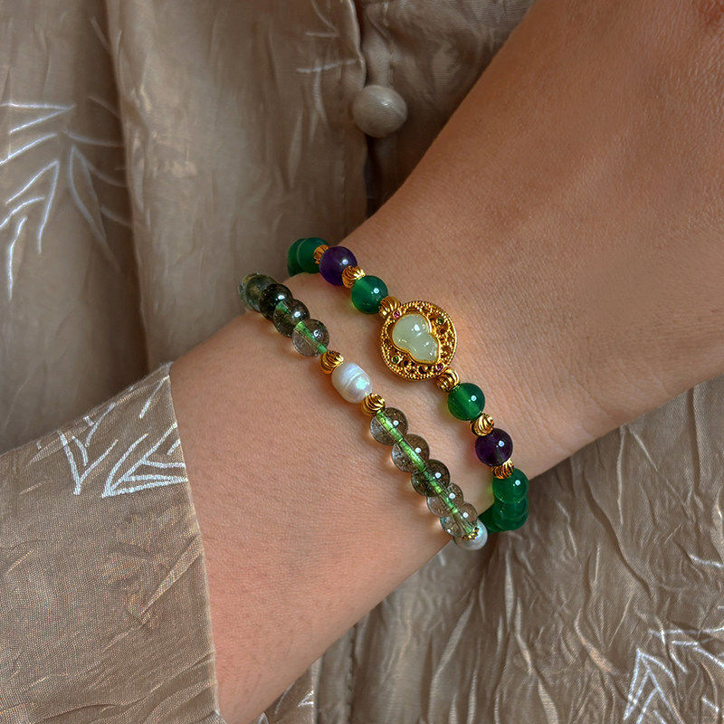 新中式天然绿玛瑙幽灵珍珠水晶手链女款小众玉髓串珠翡翠葫芦手串
