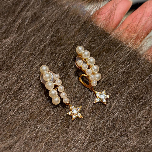 法式钻石星星双排珍珠耳钉耳坠女