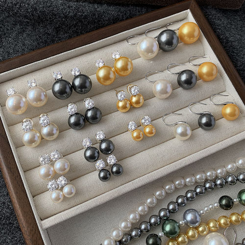 施家珍珠真多麻灰色耳钉