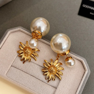 太阳花金色前后大珍珠耳环女小众设计耳钉2026新款高级感轻奢耳饰