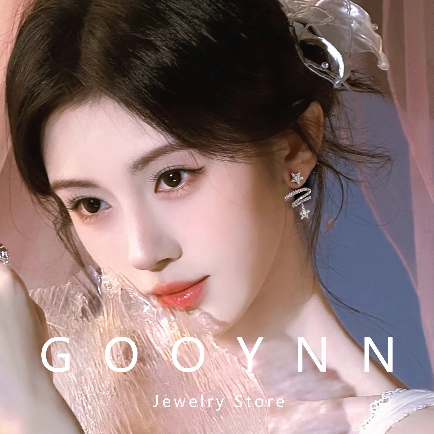 999纯银独特星光飘带爆闪钻石耳钉女小众轻奢高级感耳环气质耳饰