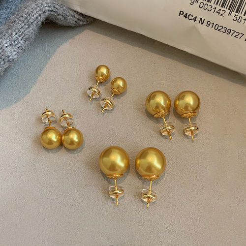 S999纯银南洋金色大珍珠耳钉