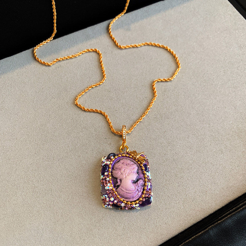 紫色水晶独特巨好看中古项链女轻奢高级感复古秋冬长款锁骨毛衣链