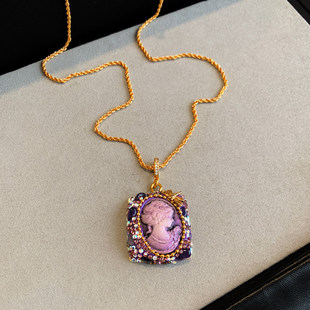 紫色水晶独特巨好看中古项链女轻奢高级感复古秋冬长款锁骨毛衣链