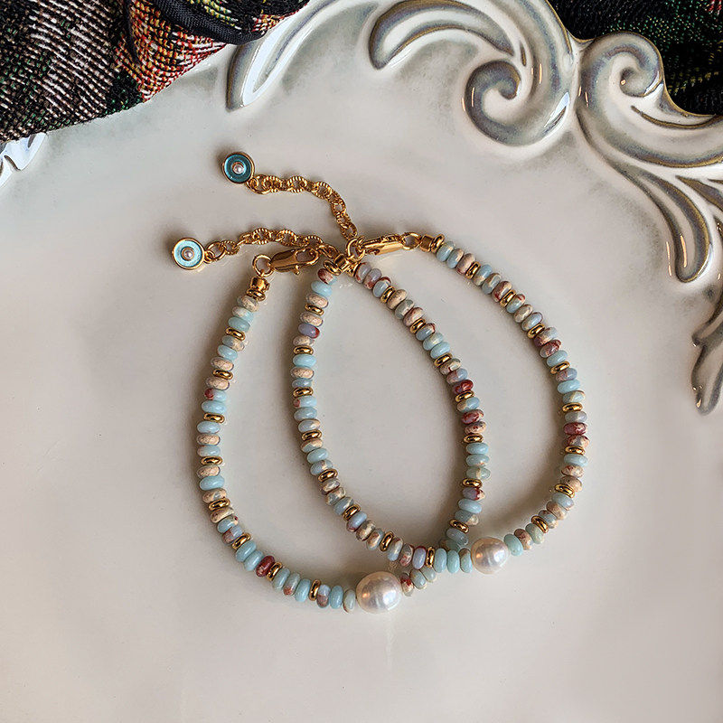 天然碧玉石彩色多巴胺淡水珍珠串珠手链女轻奢小众寿山石手串手饰