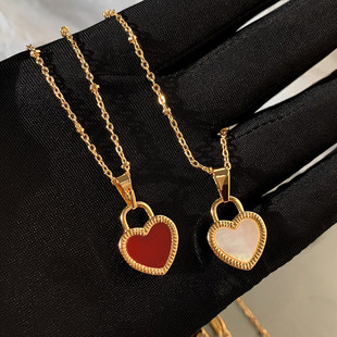 天然白贝母红色双面爱心项链女高级设计感轻奢小众金色锁骨毛衣链