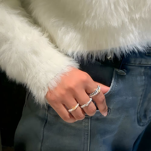 真多麻灰色小米珍珠钻石戒指女