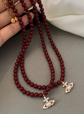 孤雁奥地利南红色土星珍珠项链女新款轻奢高级秋冬吊坠锁骨链颈链