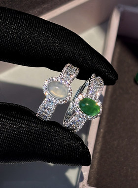 天然绿色冰种玉髓满钻食指戒指女轻奢高级感新款白玉石开口戒指环