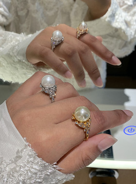 干枯玫瑰澳白珍珠钻石戒指女款开口小众设计轻奢高级感食指戒指环
