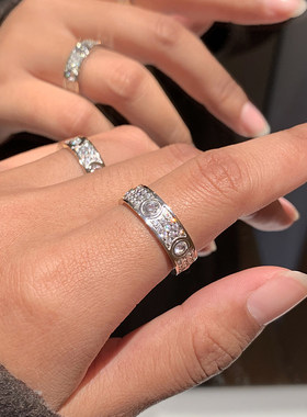 不掉色欧美银色满天星满钻素圈戒指女轻奢小众设计食指戒时尚指环