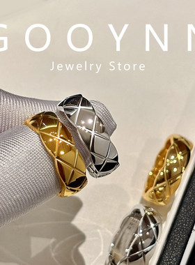 小香风玫瑰金银色叠戴菱格纹戒指女小众设计精致轻奢高级感食指环