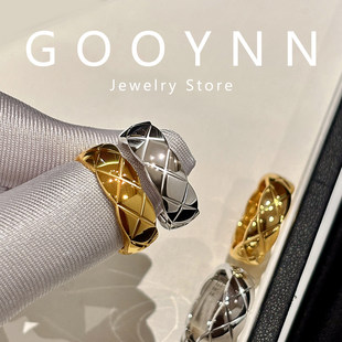 小香风玫瑰金银色叠戴菱格纹戒指女小众设计精致轻奢高级感食指环