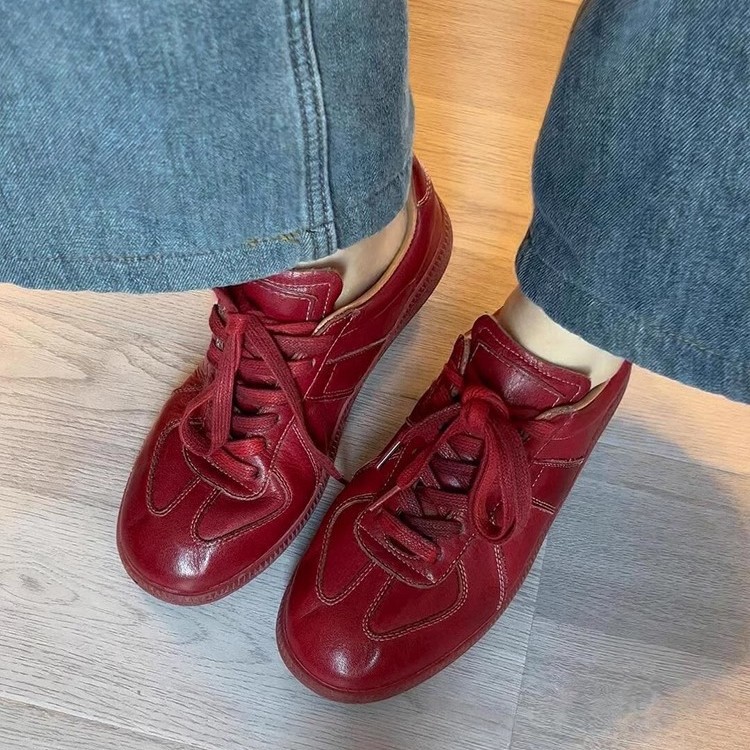 系带深口红色系带休闲运动鞋子女