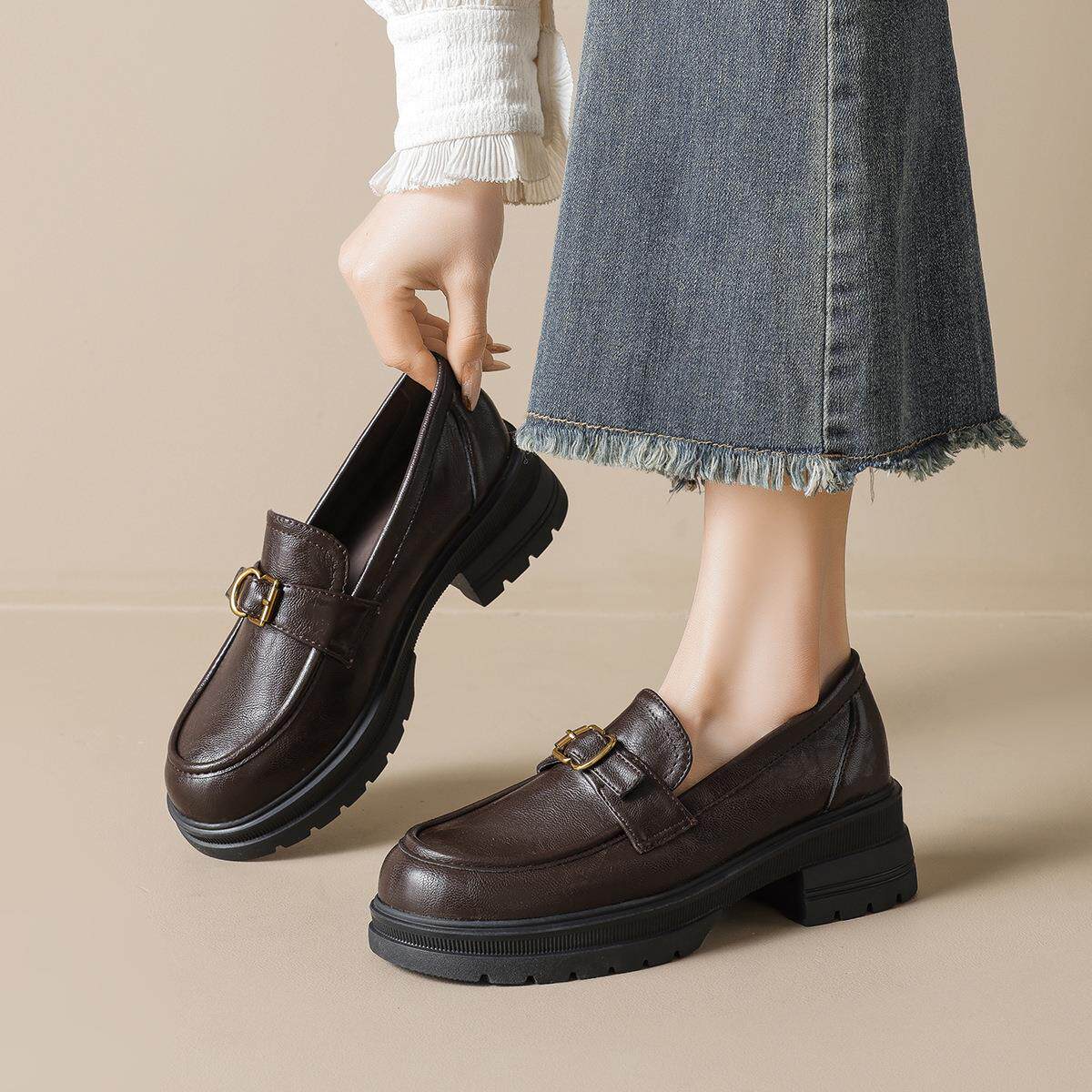 时尚百搭日常舒适棕色厚底乐福鞋增高皮鞋女款复古一脚蹬软底单鞋