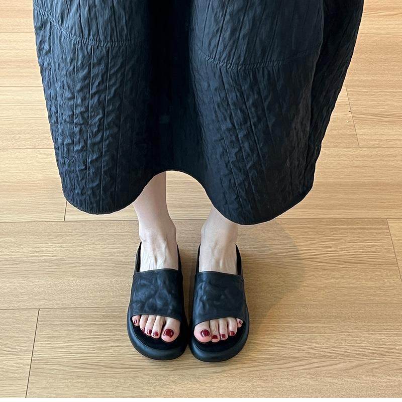 舒适轻奢夏季新款法式复古露趾一字拖鞋女平底外穿软底厚底穆勒鞋,女鞋,一字拖,淘宝优惠券,粉丝福利购,淘宝优惠卷