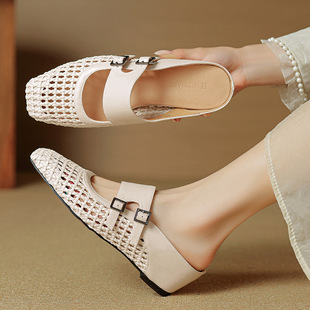 优雅气质内增高皮带扣包头凉鞋夏季新款休闲编织镂空外穿粗跟拖鞋