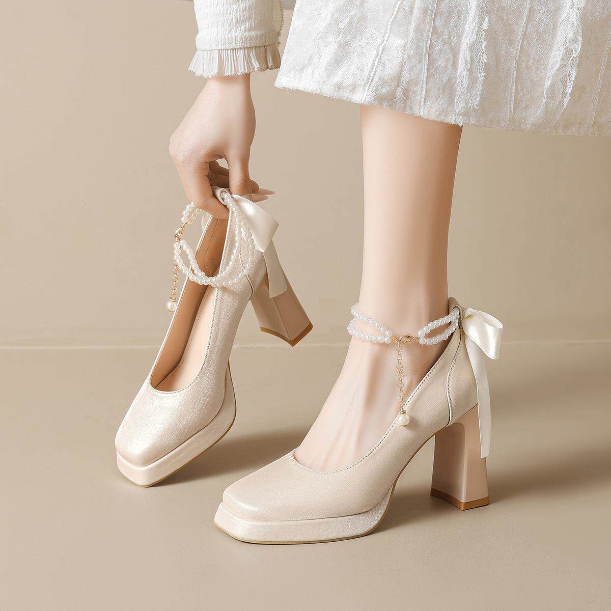 时尚百搭法式晚风舒适玛丽珍单鞋粗跟婚鞋新娘鞋伴娘高跟鞋不累脚