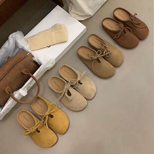 牛皮版~包头半拖鞋女鞋子外穿2026年新款厚底复古真皮系带勃肯鞋