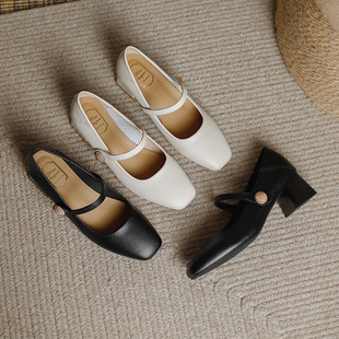 真皮法式玛丽珍女鞋2026新款春秋粗跟单鞋配裙子中跟杏色高跟鞋子