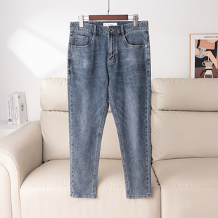 男休闲百搭弹力直筒长裤 重工水洗 九分牛仔裤 锥形修身 立体压花