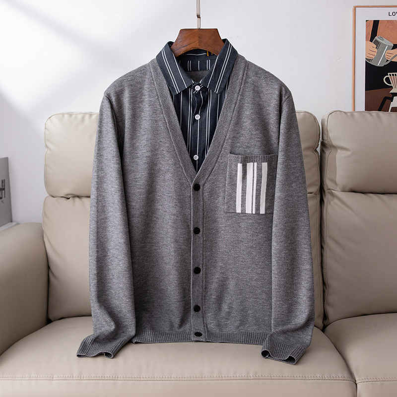 通勤休闲男士假两件翻领针织开衫