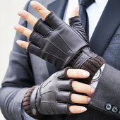 罗欧蒂斯男士 保暖羊毛针织里半指开车真皮手套摩托车骑行加厚 冬季