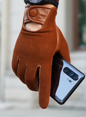 罗欧蒂斯男士秋冬季保暖触屏开车真皮手套摩托车骑行驾驶薄款打孔