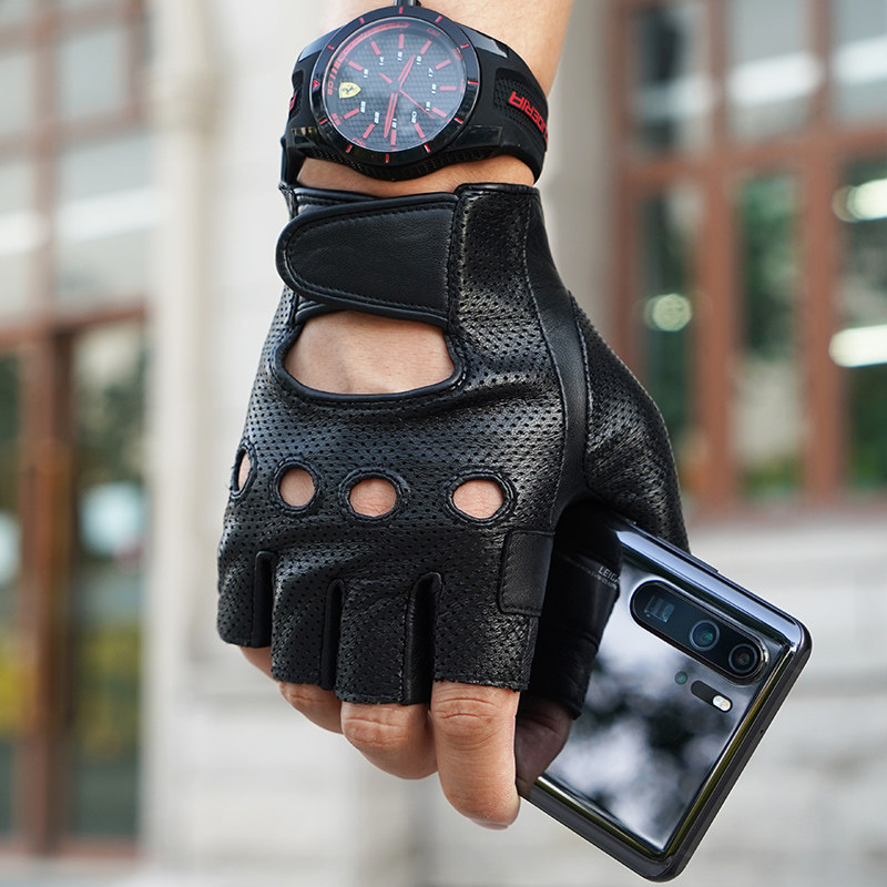 罗欧蒂斯男士秋冬季薄款复古半指开车真皮手套摩托车骑行驾驶防滑