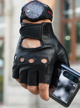 罗欧蒂斯男士秋冬季薄款复古半指开车真皮手套摩托车骑行驾驶防滑