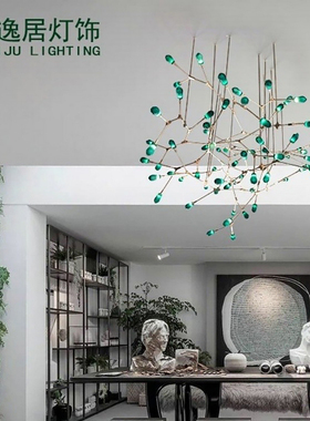 定制手工琉璃绿色树枝分子吊灯酒店工程别墅前台楼盘萤火虫灯具